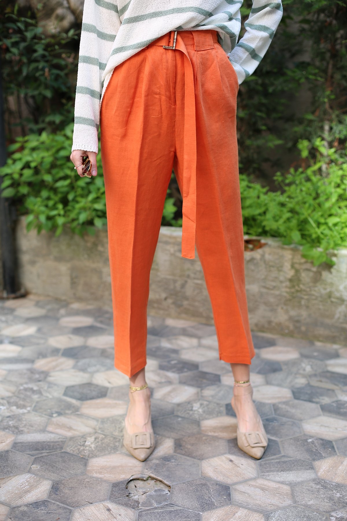Orange Kemerli Keten Pantolon