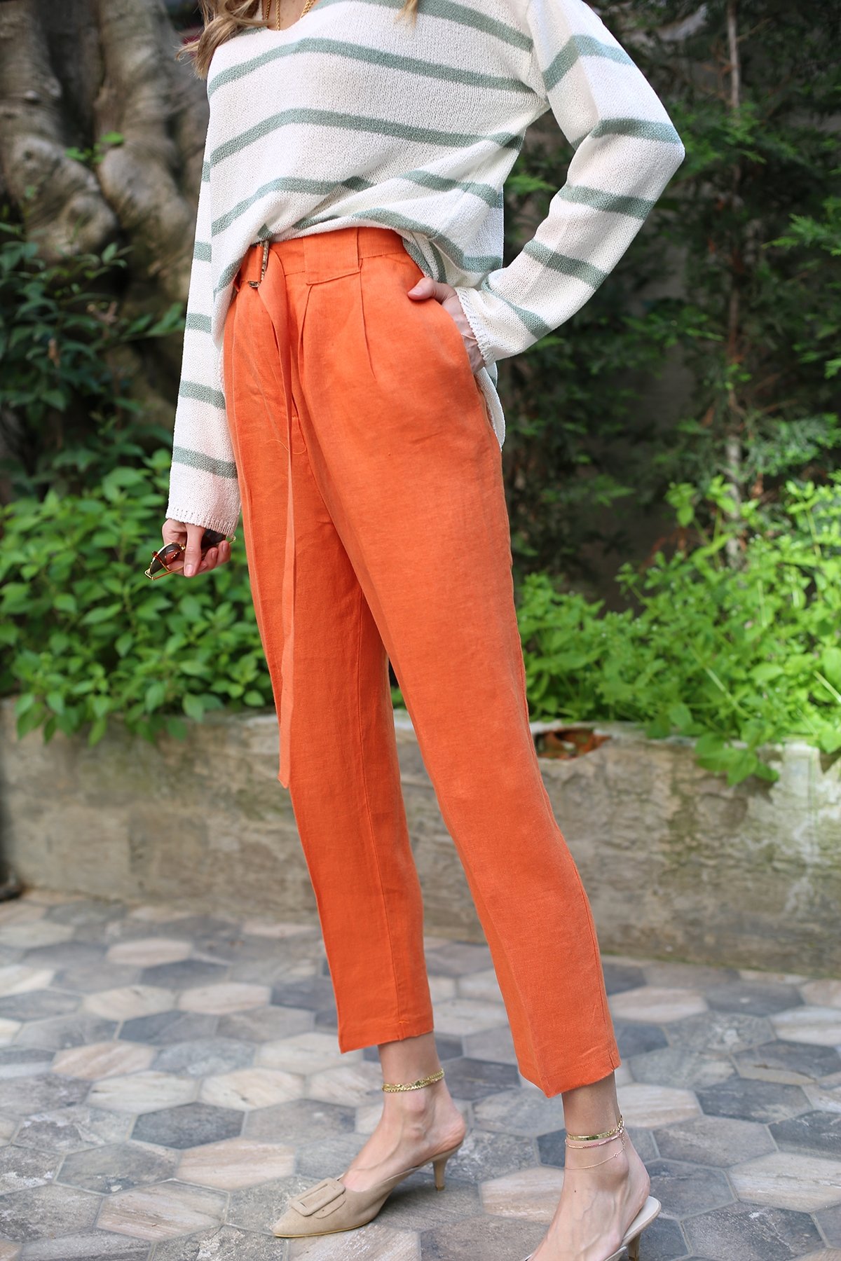 Orange Kemerli Keten Pantolon