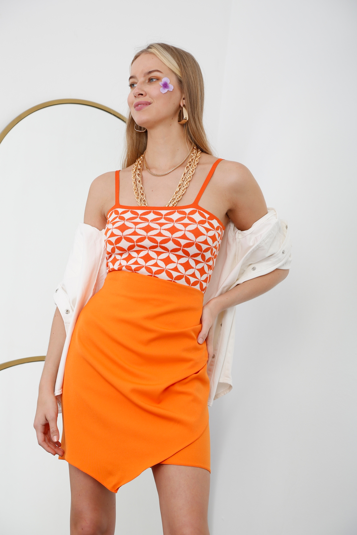 Oranj Drape Detaylı Mini Etek 