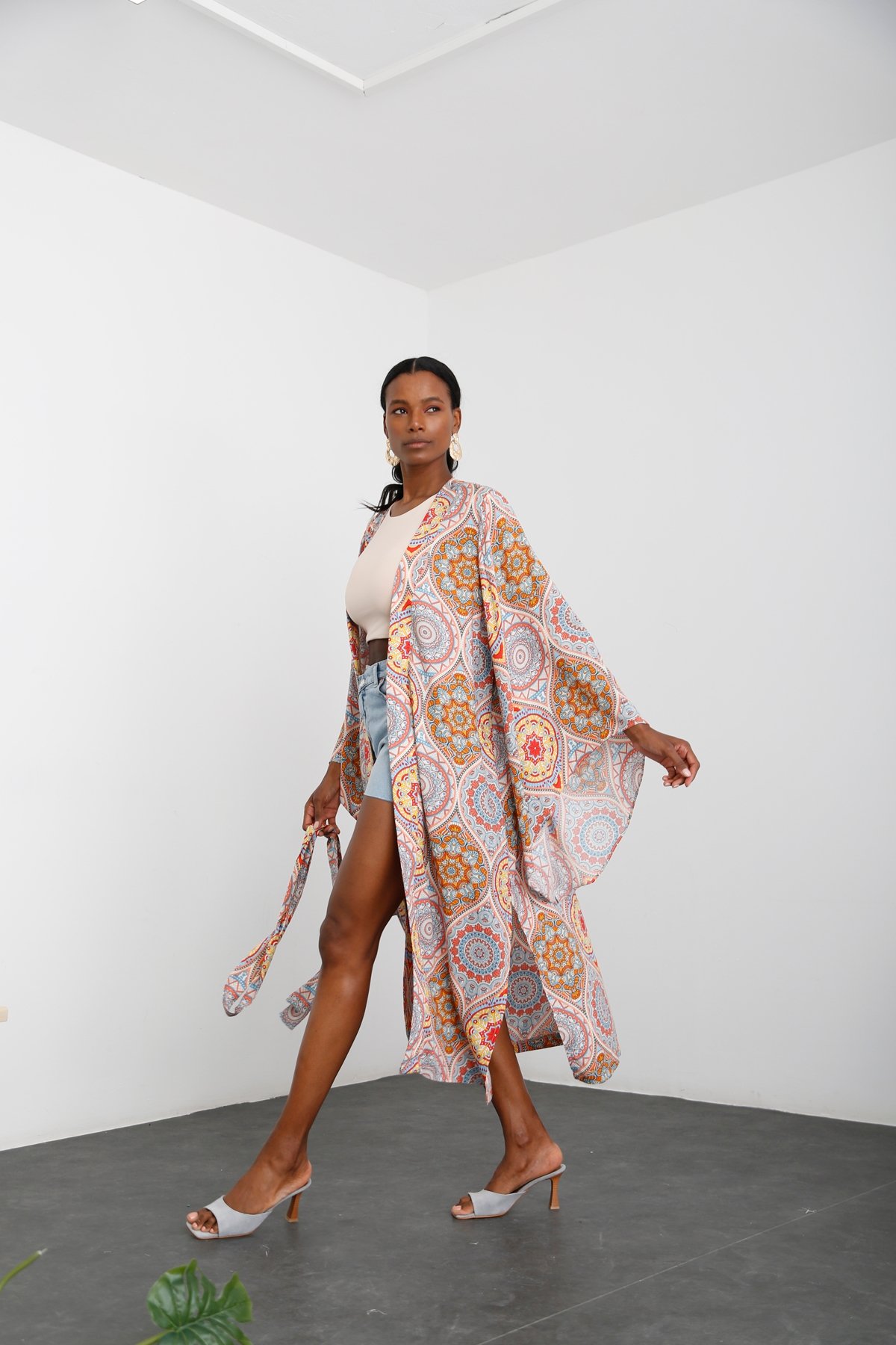 Oranj Etnik Desen Kuşaklı Kimono 54117