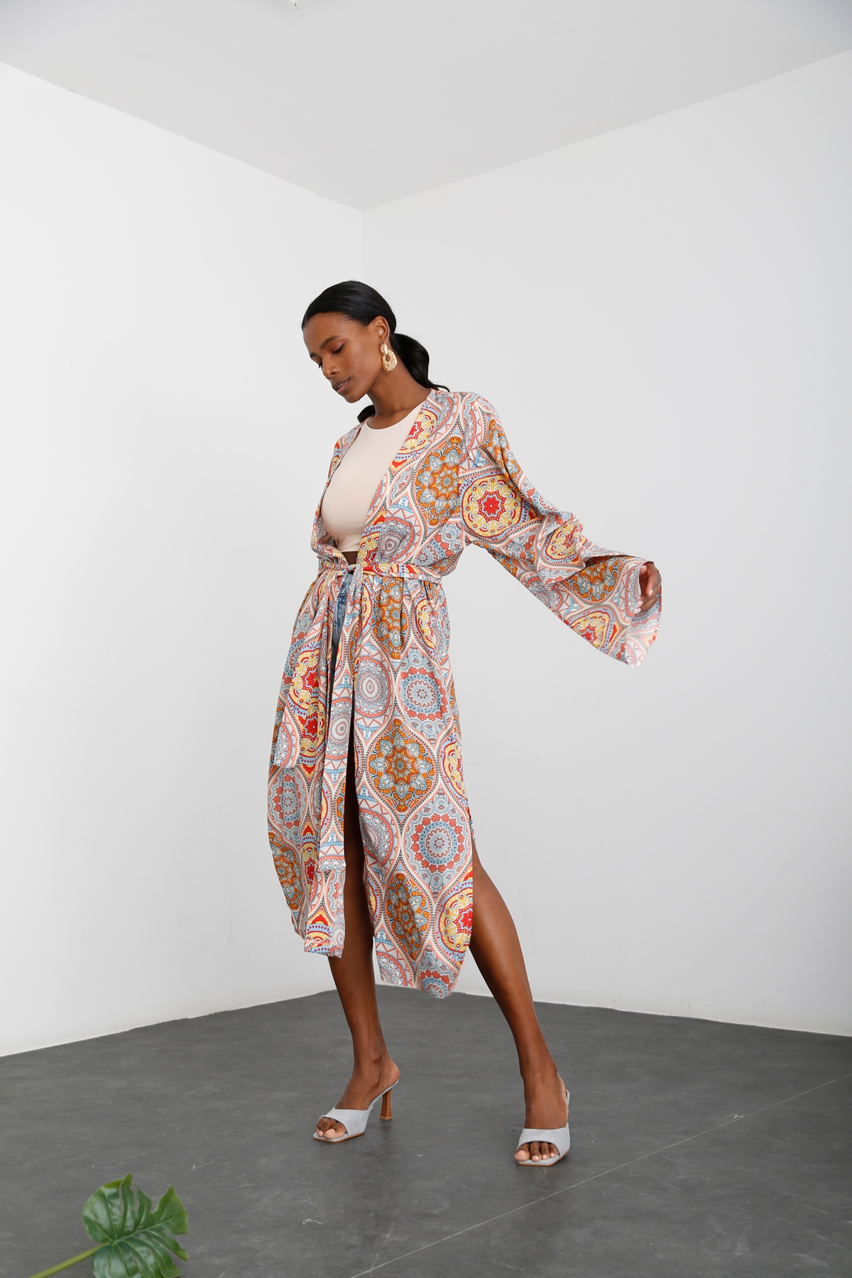 Oranj Etnik Desen Kuşaklı Kimono 54117