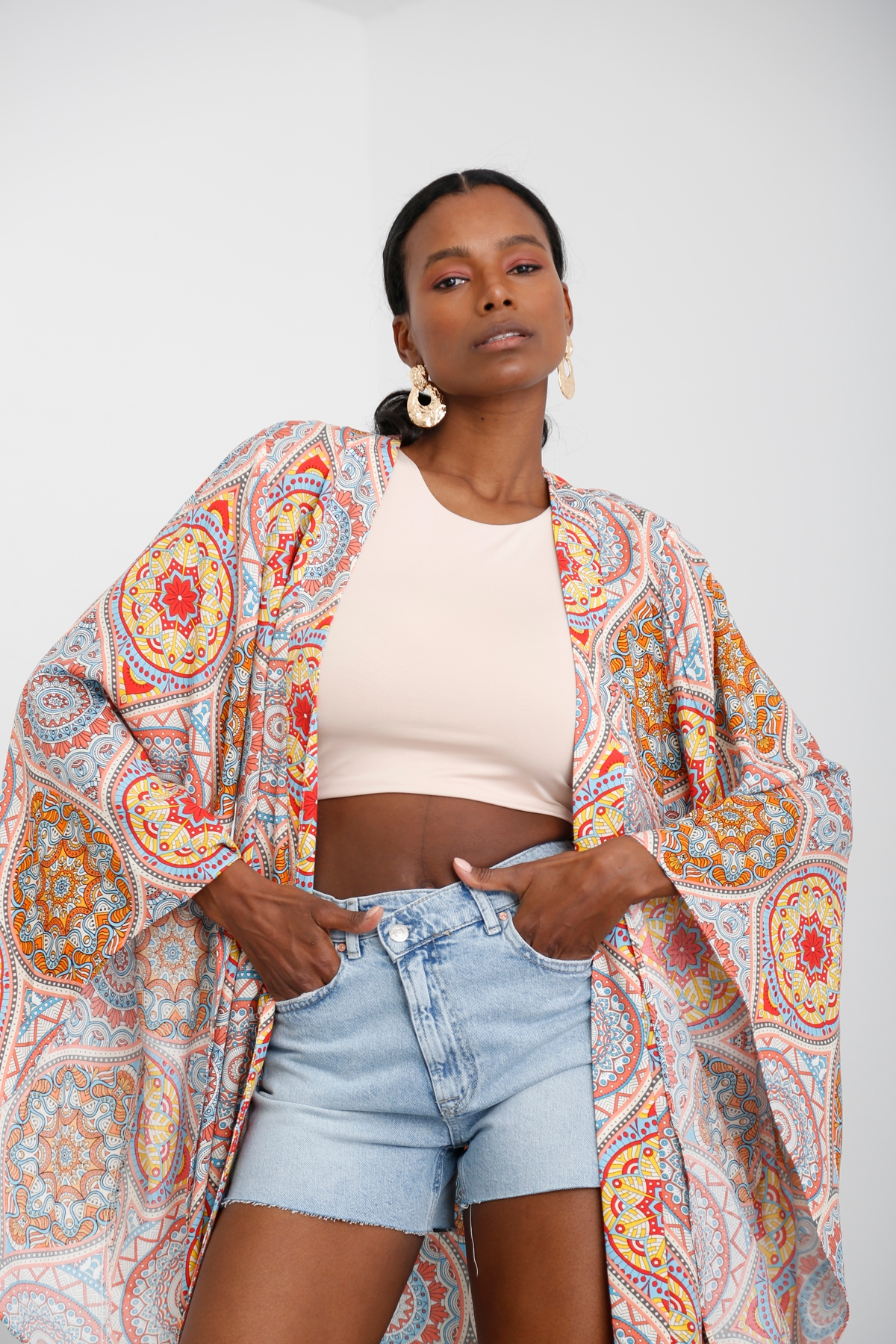 Oranj Etnik Desen Kuşaklı Kimono 54117
