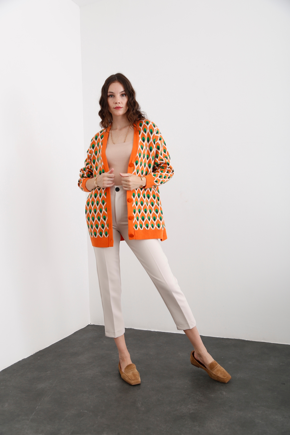 Oranj Geometrik Desenli Hırka 35006