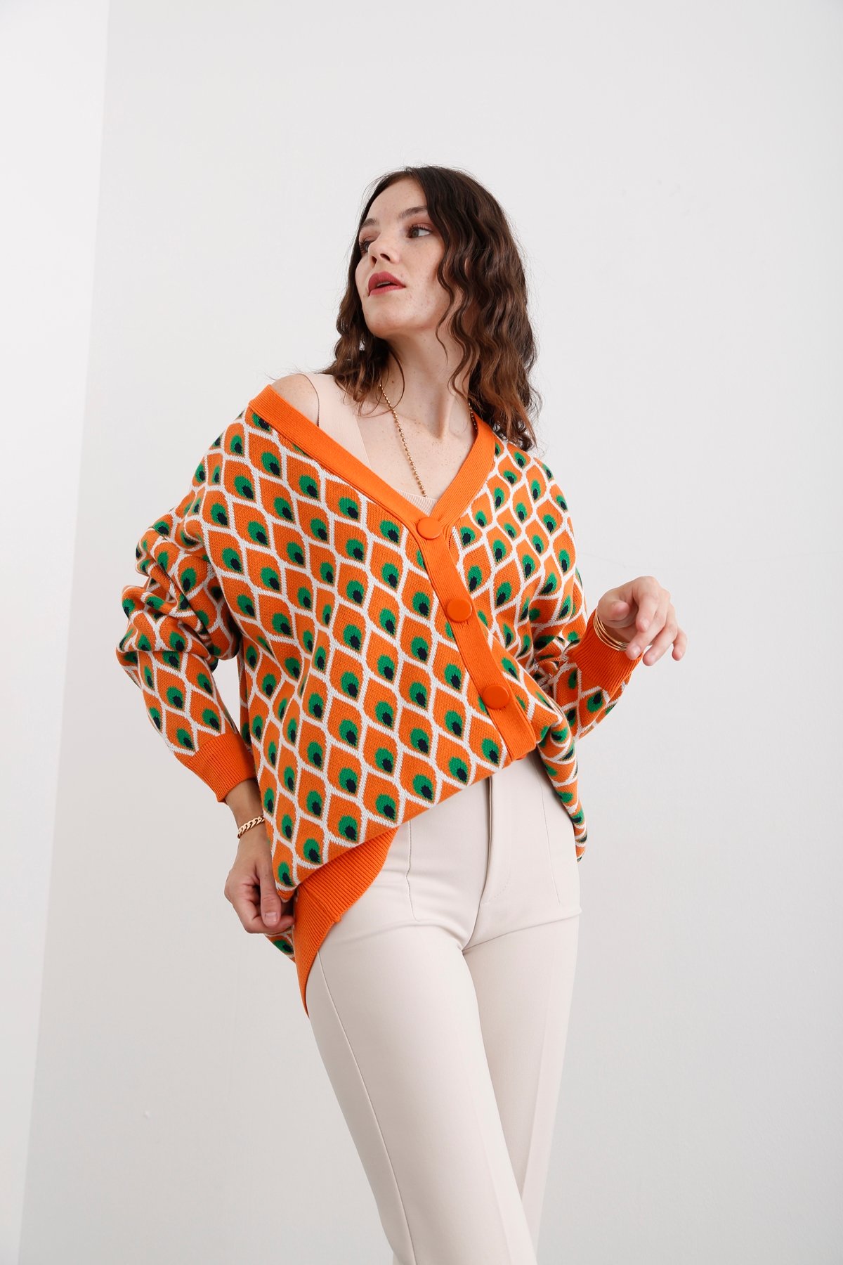 Oranj Geometrik Desenli Hırka 35006