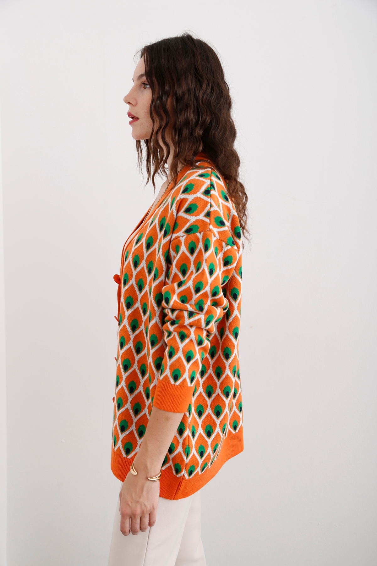 Oranj Geometrik Desenli Hırka 35006