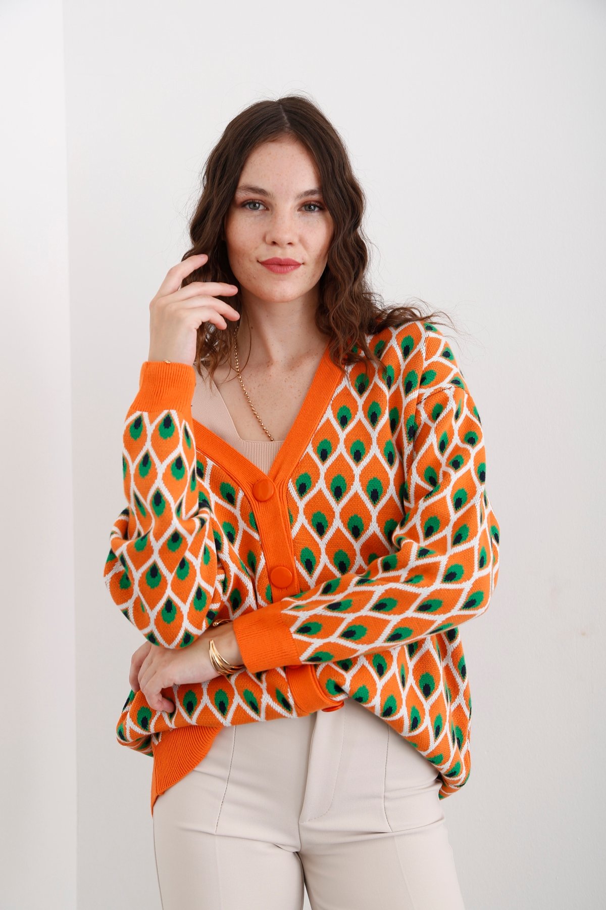 Oranj Geometrik Desenli Hırka 35006