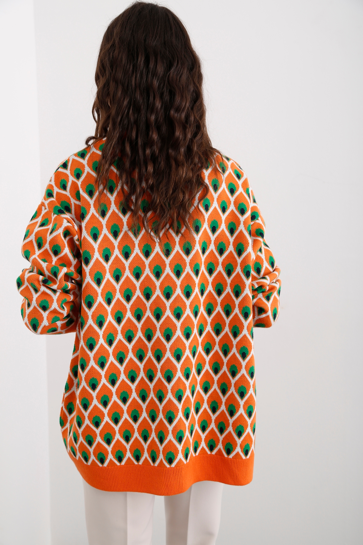 Oranj Geometrik Desenli Hırka 35006