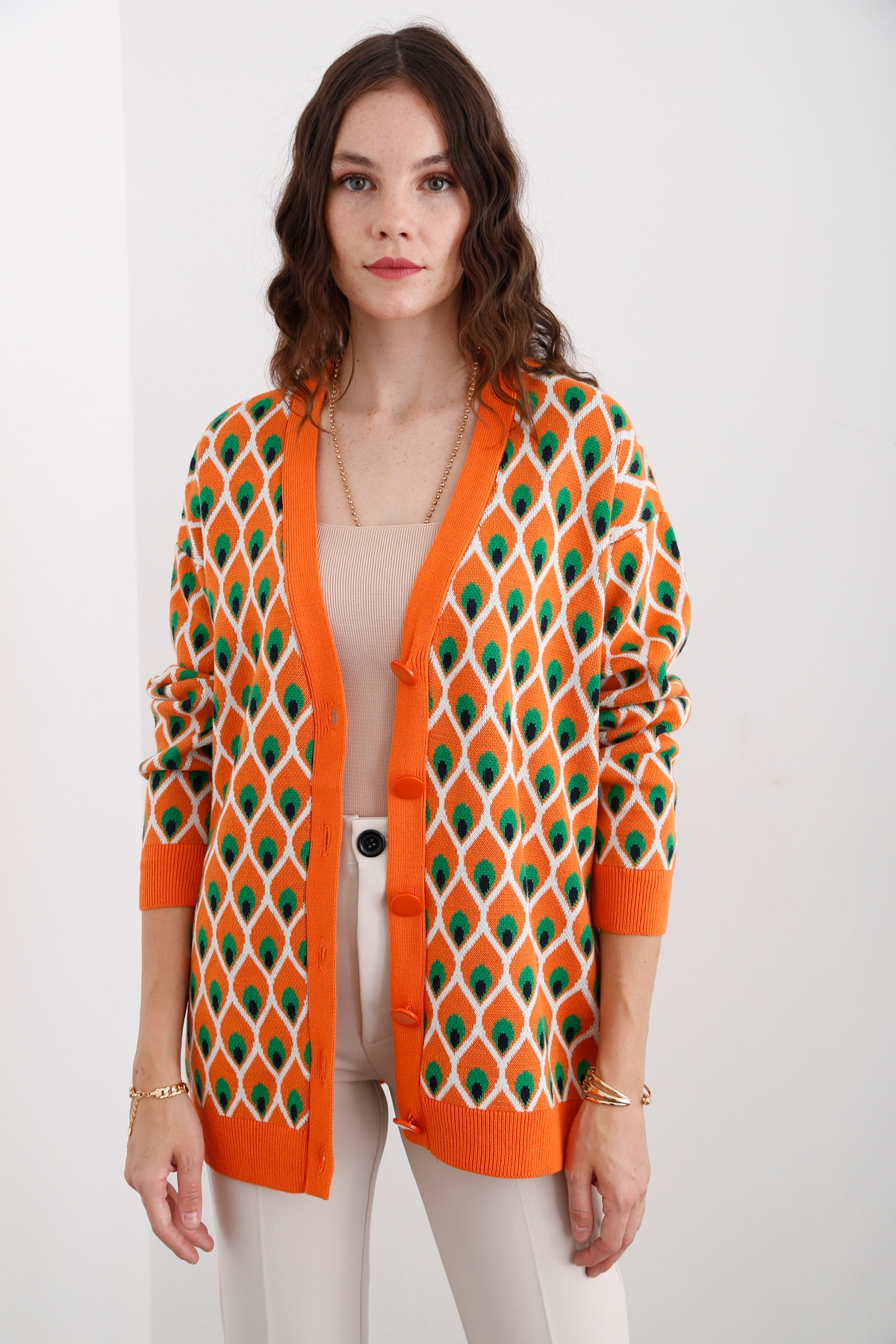 Oranj Geometrik Desenli Hırka 35006