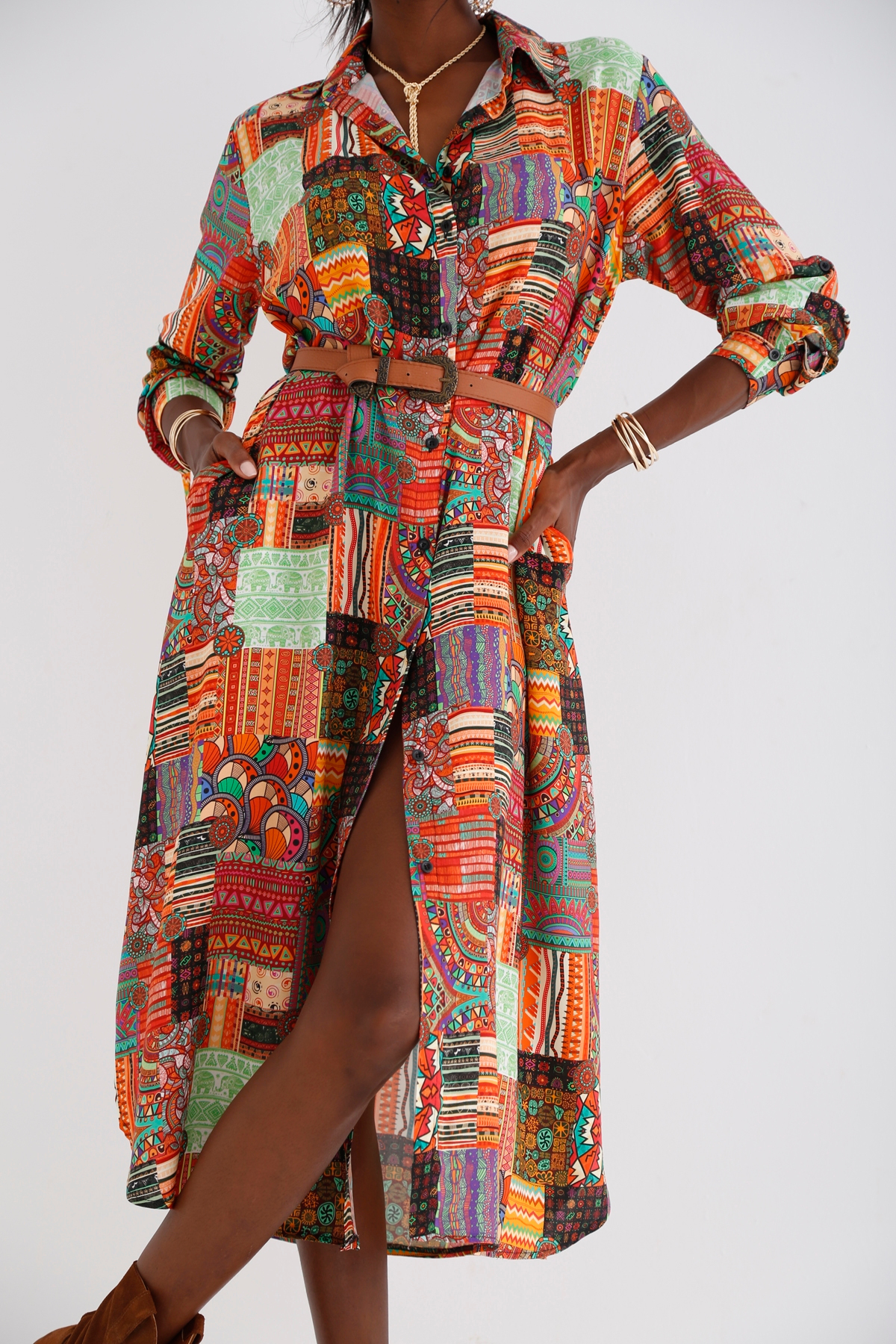 Oranj Patchwork Desenli Gömlek Elbise 028