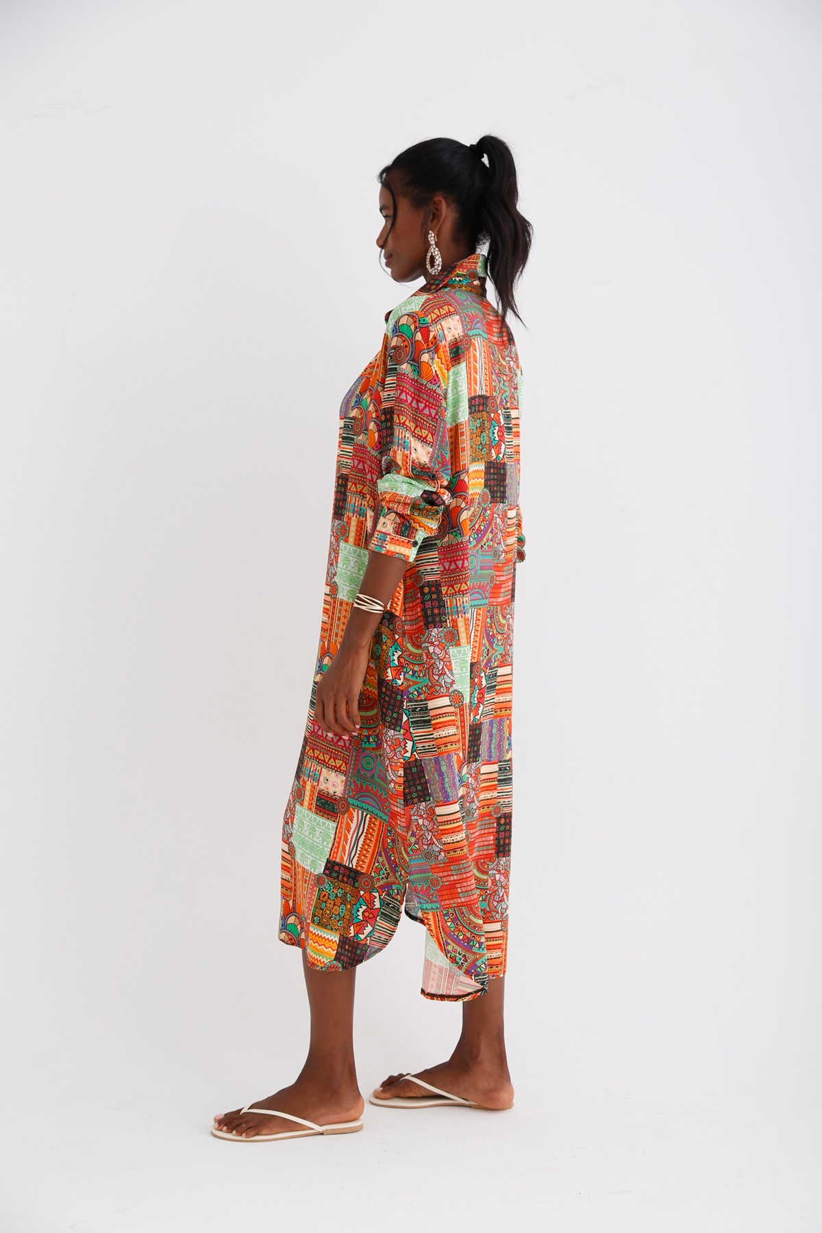 Oranj Patchwork Desenli Gömlek Elbise 028