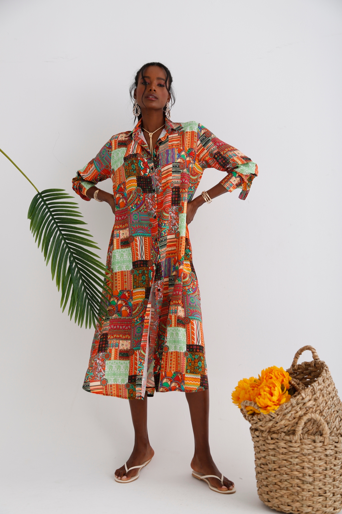 Oranj Patchwork Desenli Gömlek Elbise 028