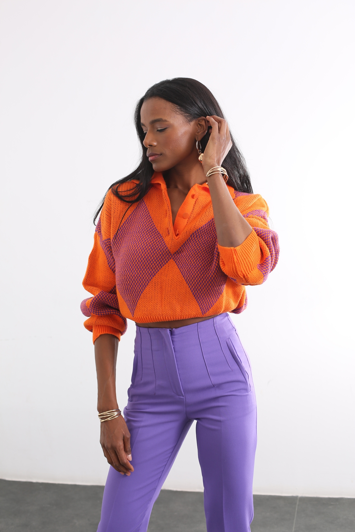 Oranj Polo Yaka Kısa Kazak AV0086