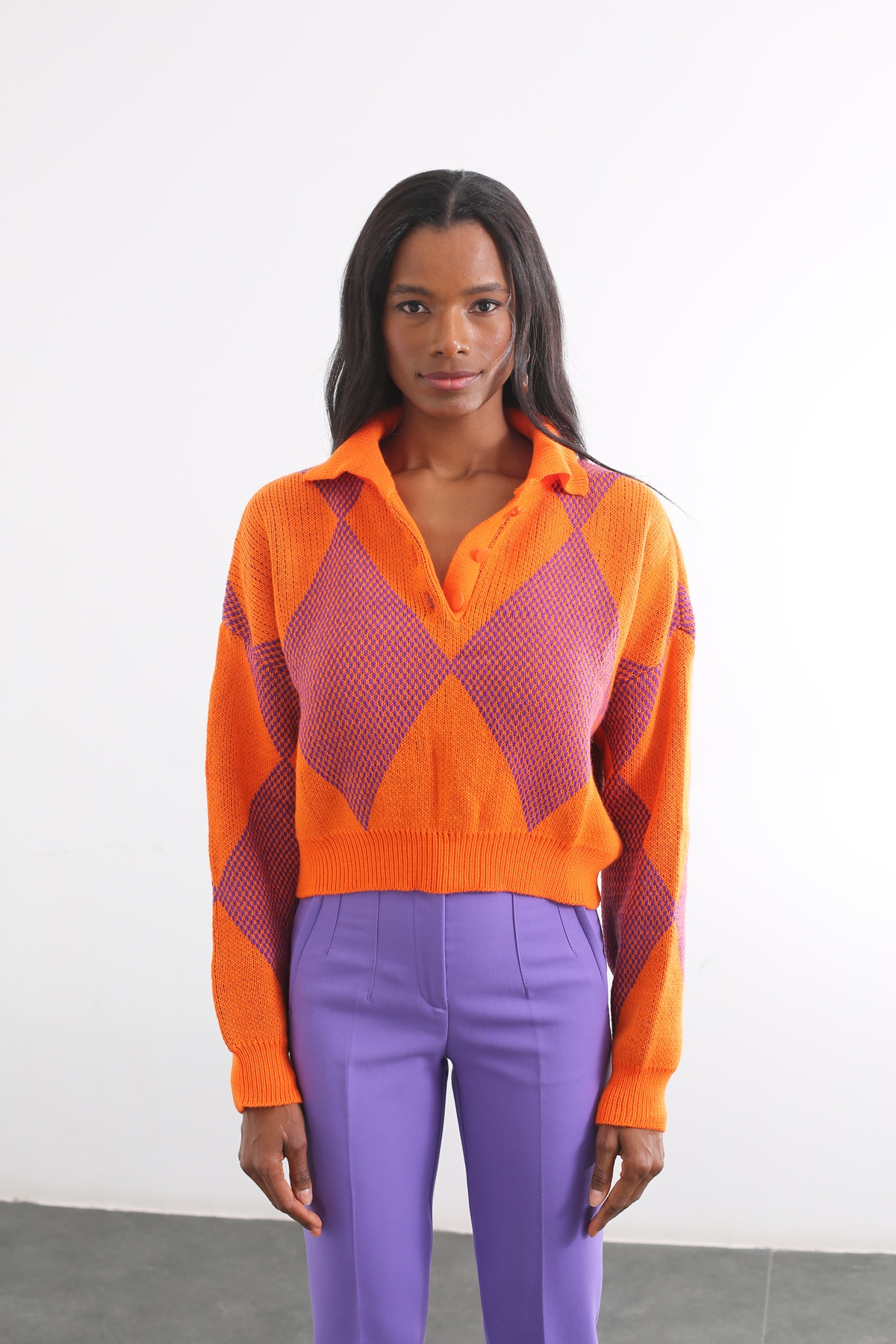 Oranj Polo Yaka Kısa Kazak AV0086