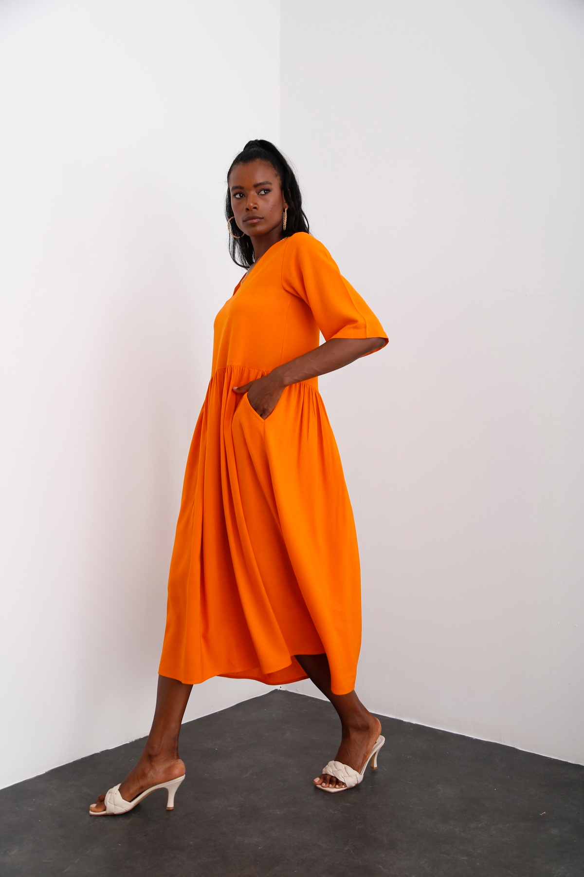 Oranj V Yaka Cepli Elbise 10077