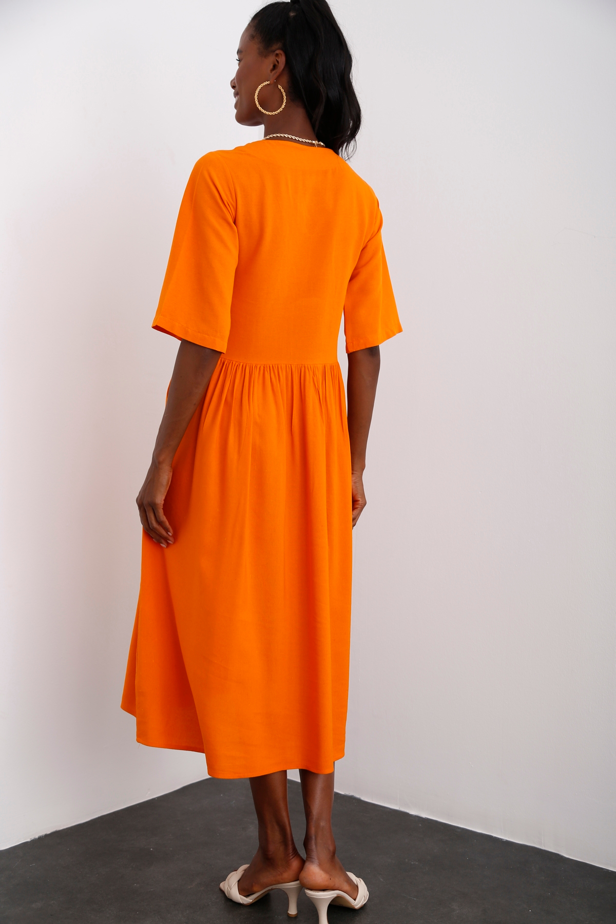 Oranj V Yaka Cepli Elbise 10077