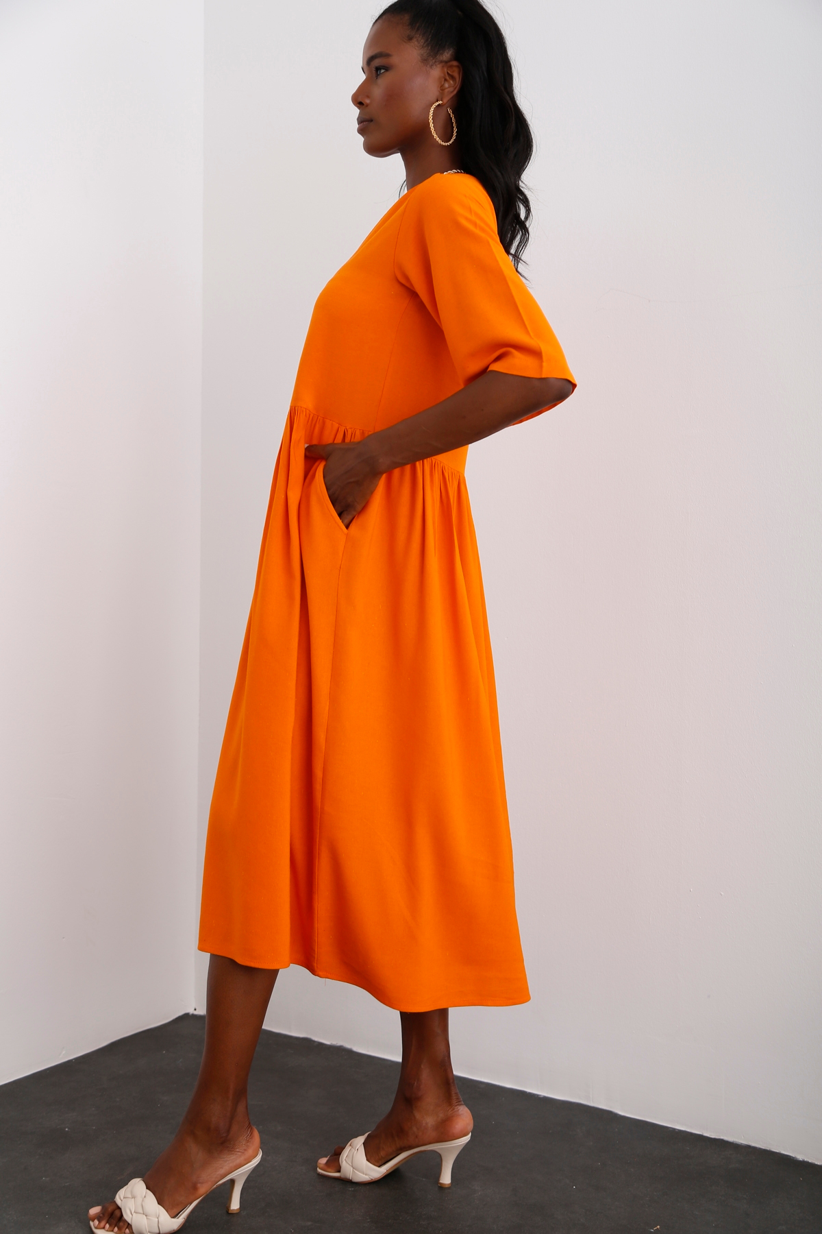 Oranj V Yaka Cepli Elbise 10077