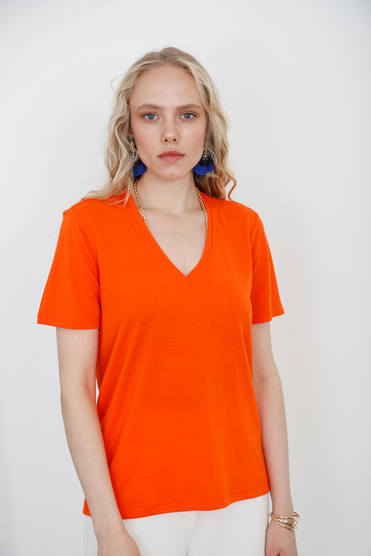 Oranj V Yaka Keten Tshirt 3119