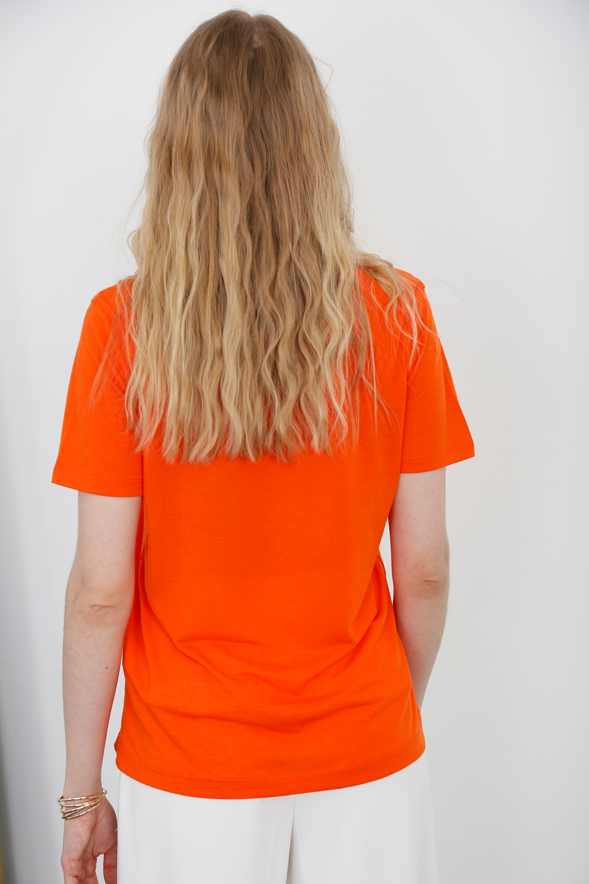 Oranj V Yaka Keten Tshirt 3119