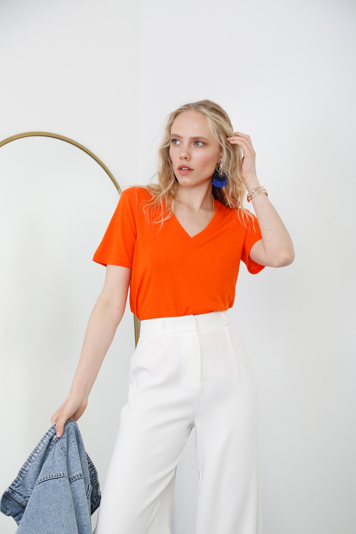 Oranj V Yaka Keten Tshirt 3119