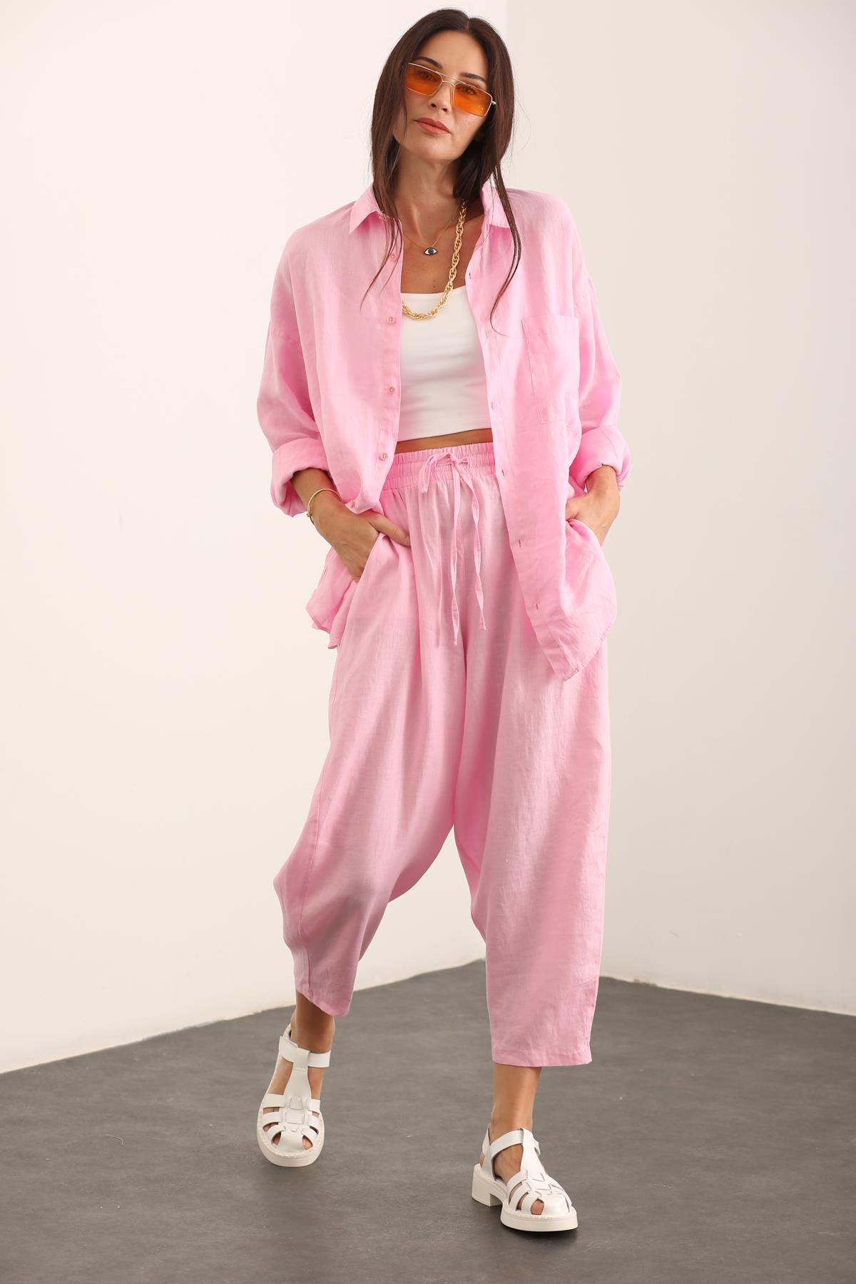Pembe Beli Lastikli Keten Pantolon 