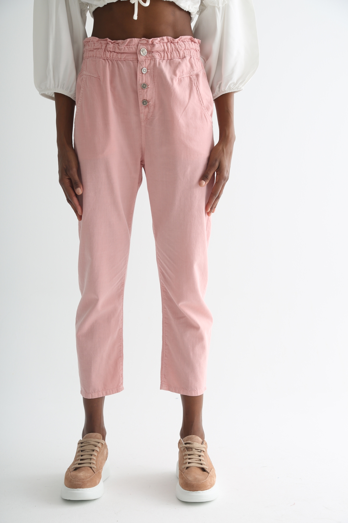 Pembe Beli Lastikli Keten Pantolon 