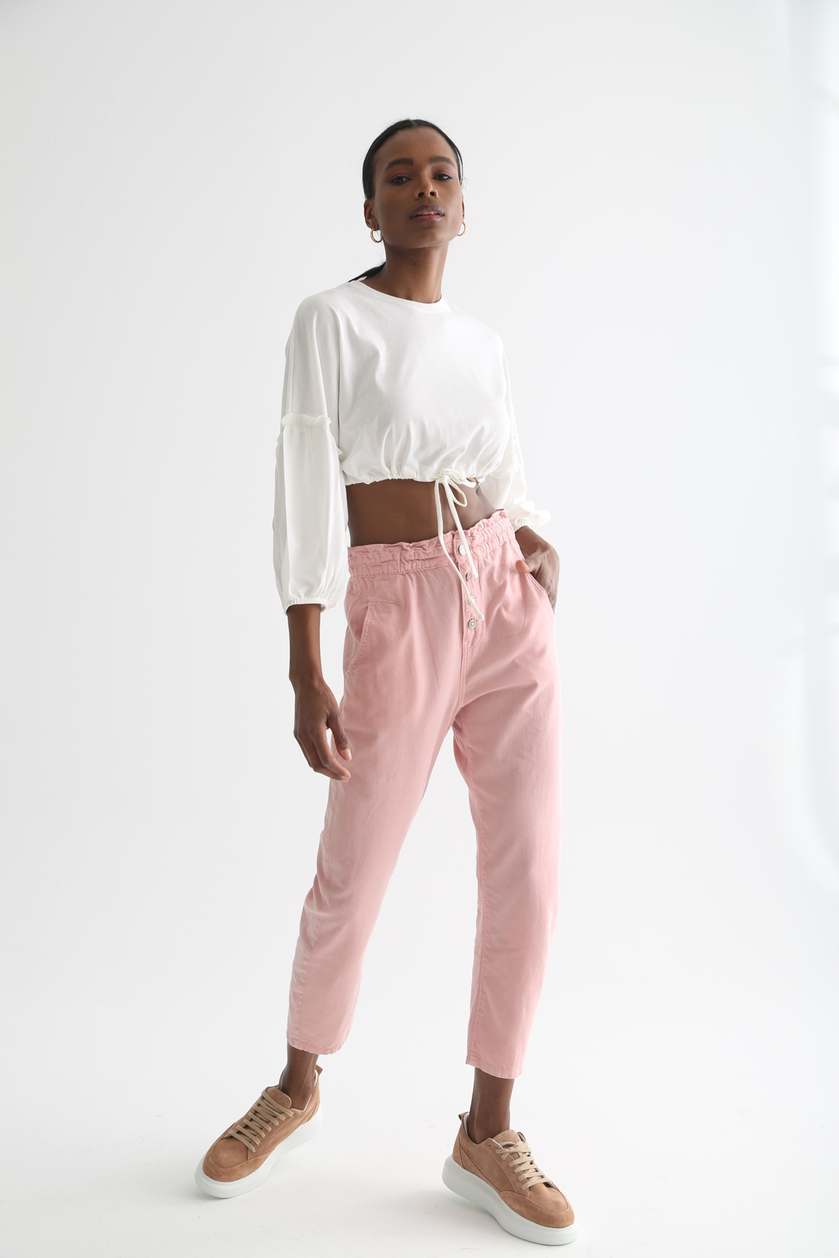 Pembe Beli Lastikli Keten Pantolon 