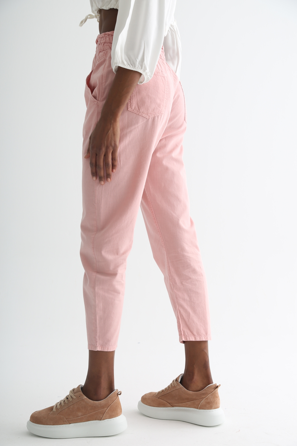 Pembe Beli Lastikli Keten Pantolon 