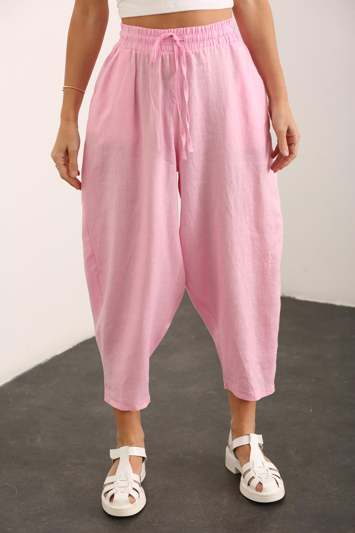 Pembe Beli Lastikli Keten Pantolon 