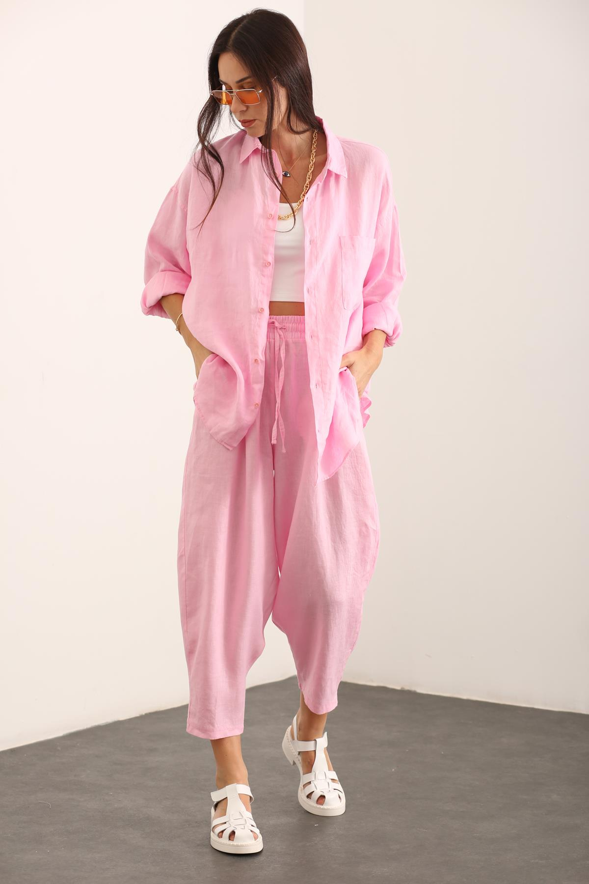 Pembe Beli Lastikli Keten Pantolon 