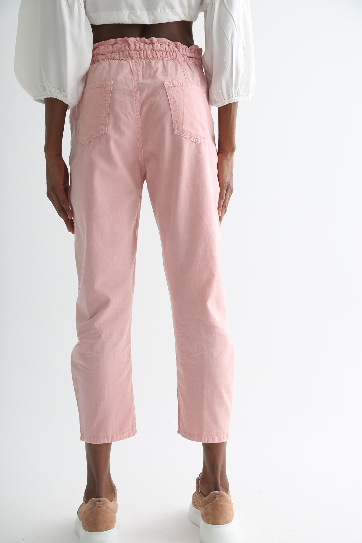 Pembe Beli Lastikli Keten Pantolon 