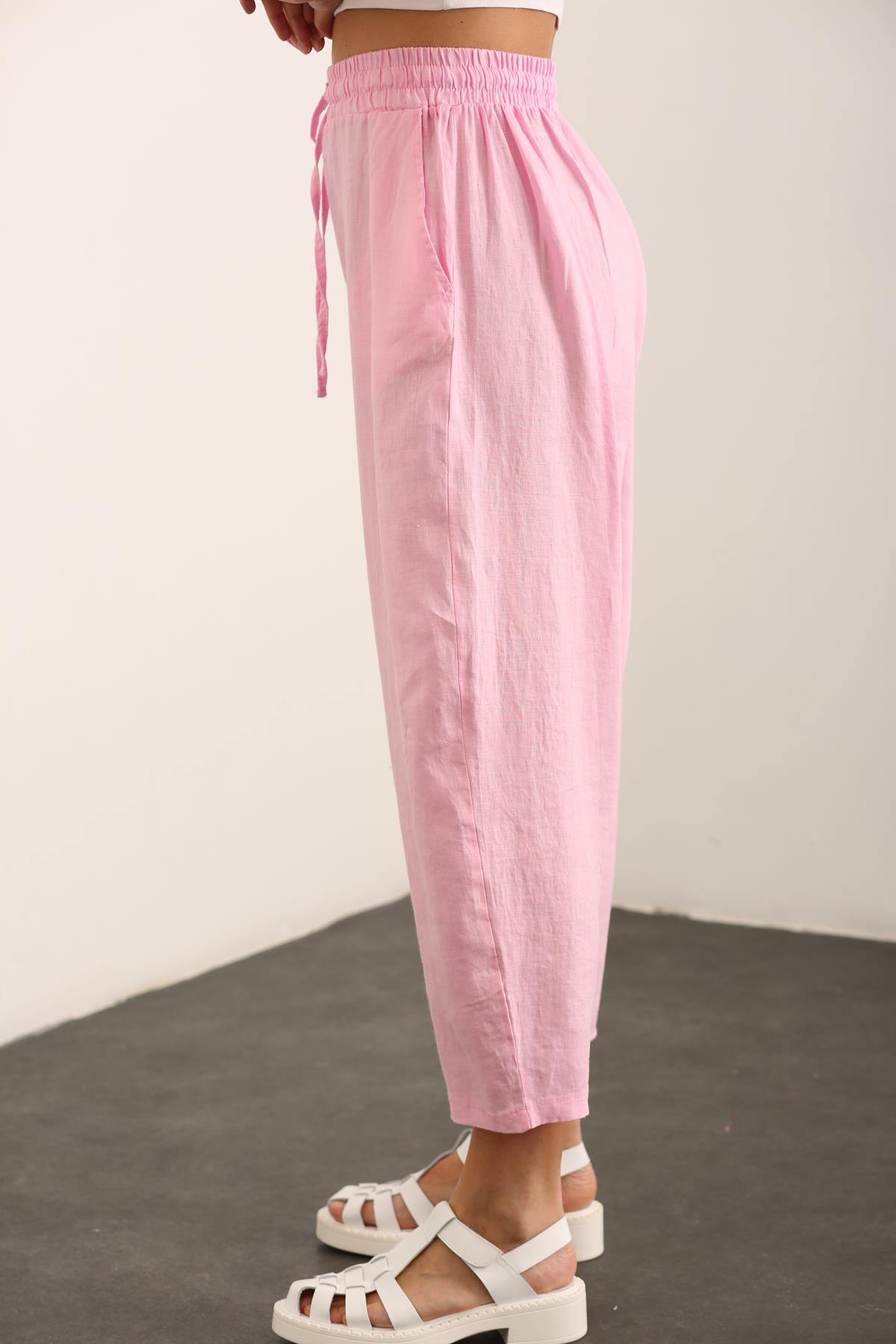 Pembe Beli Lastikli Keten Pantolon 