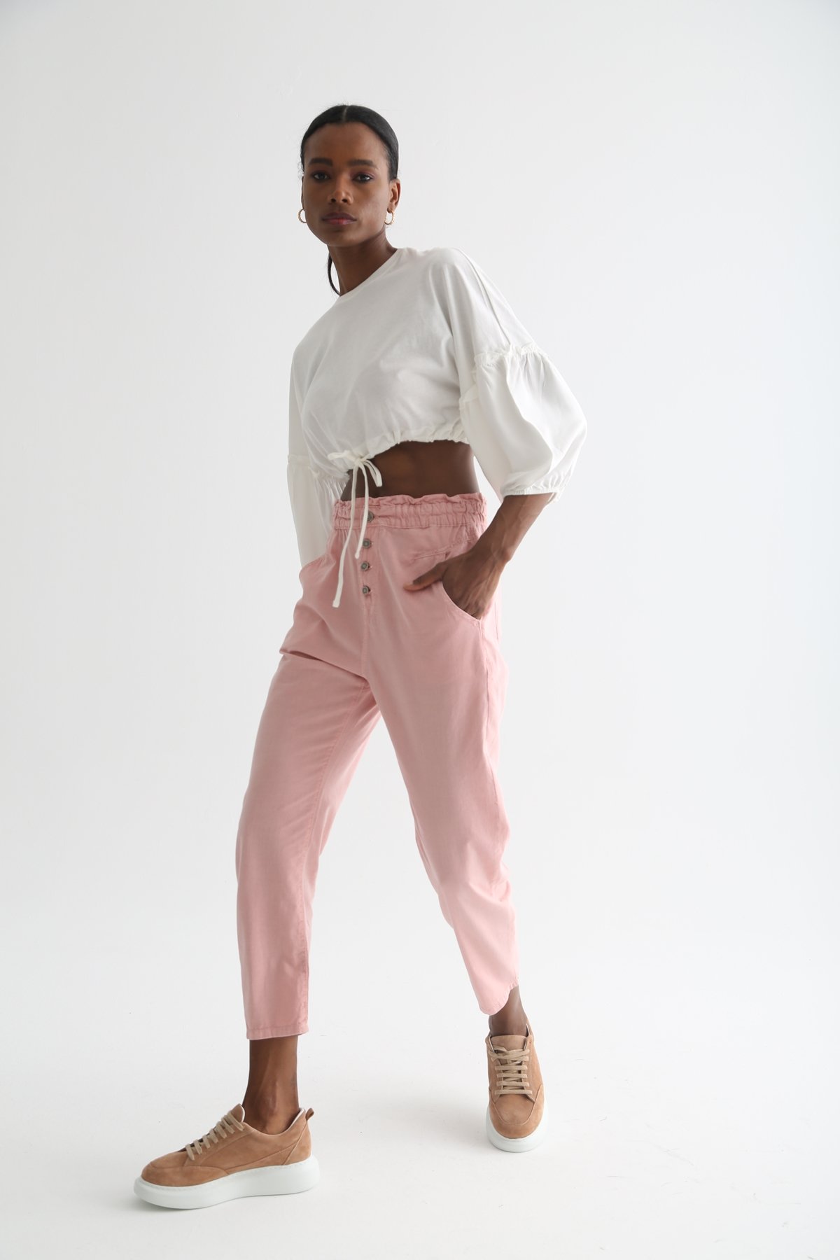 Pembe Beli Lastikli Keten Pantolon 