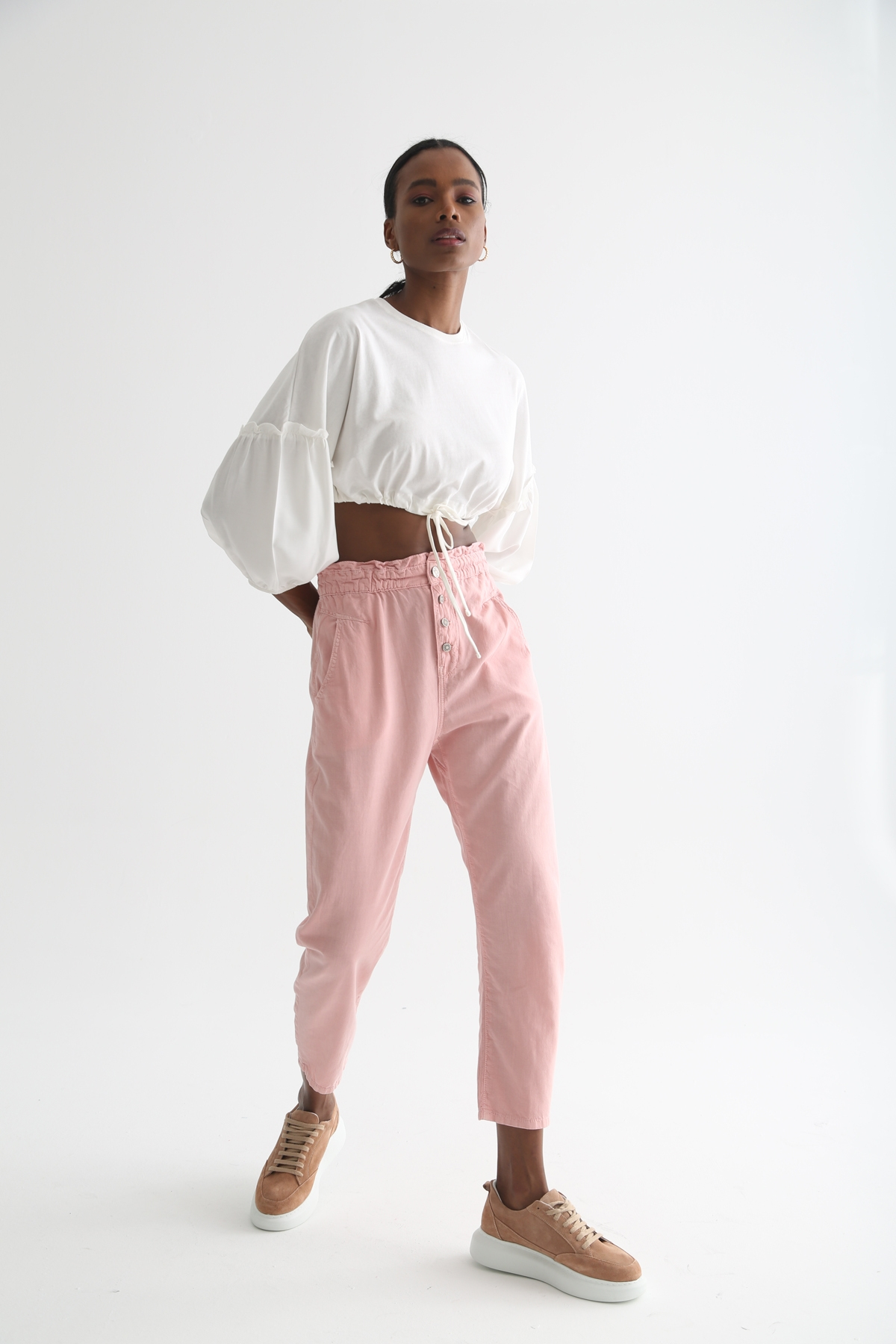 Pembe Beli Lastikli Keten Pantolon 