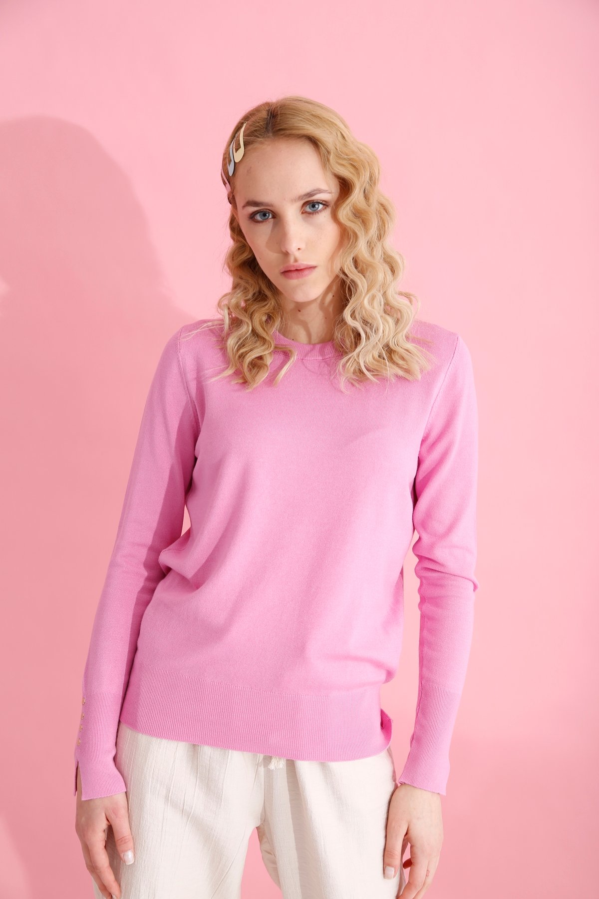 Pembe Bisiklet Yaka İnce Triko 3316