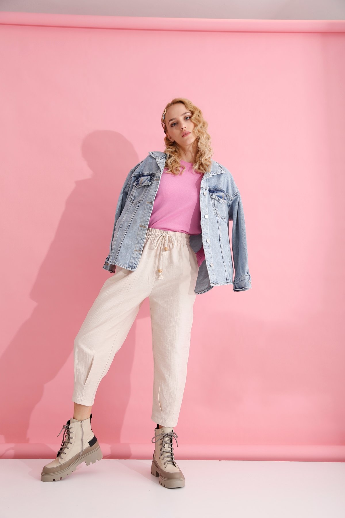 Pembe Bisiklet Yaka İnce Triko 3316