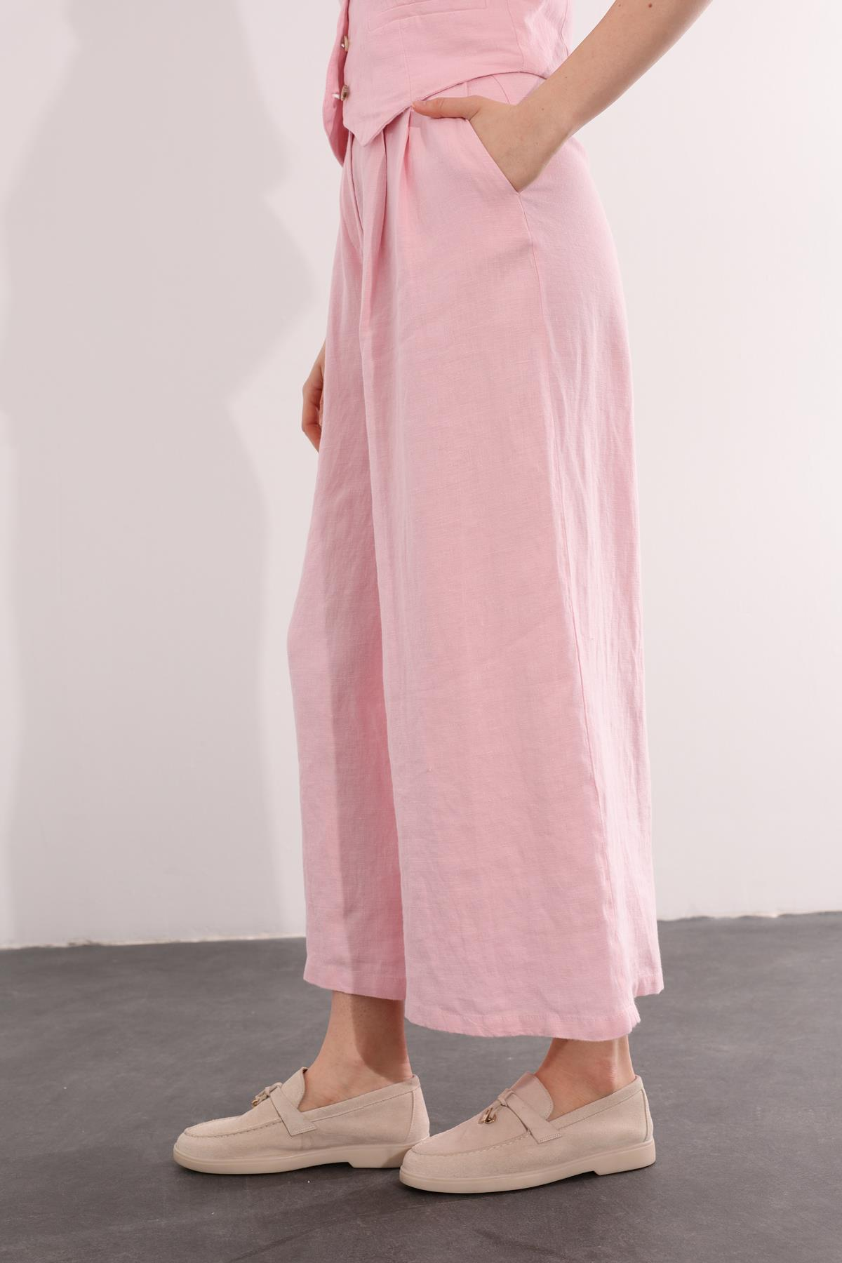 Pembe Bol Paça Keten Pantolon 1563