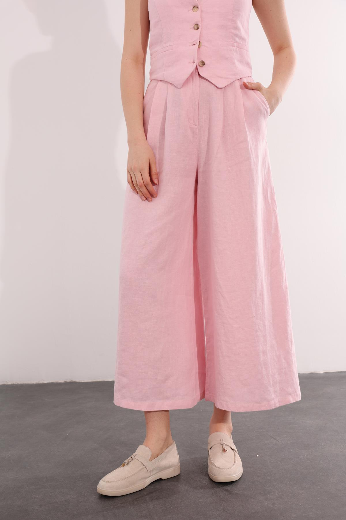 Pembe Bol Paça Keten Pantolon 1563