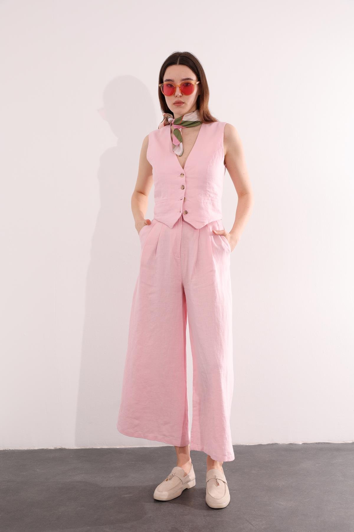 Pembe Bol Paça Keten Pantolon 1563