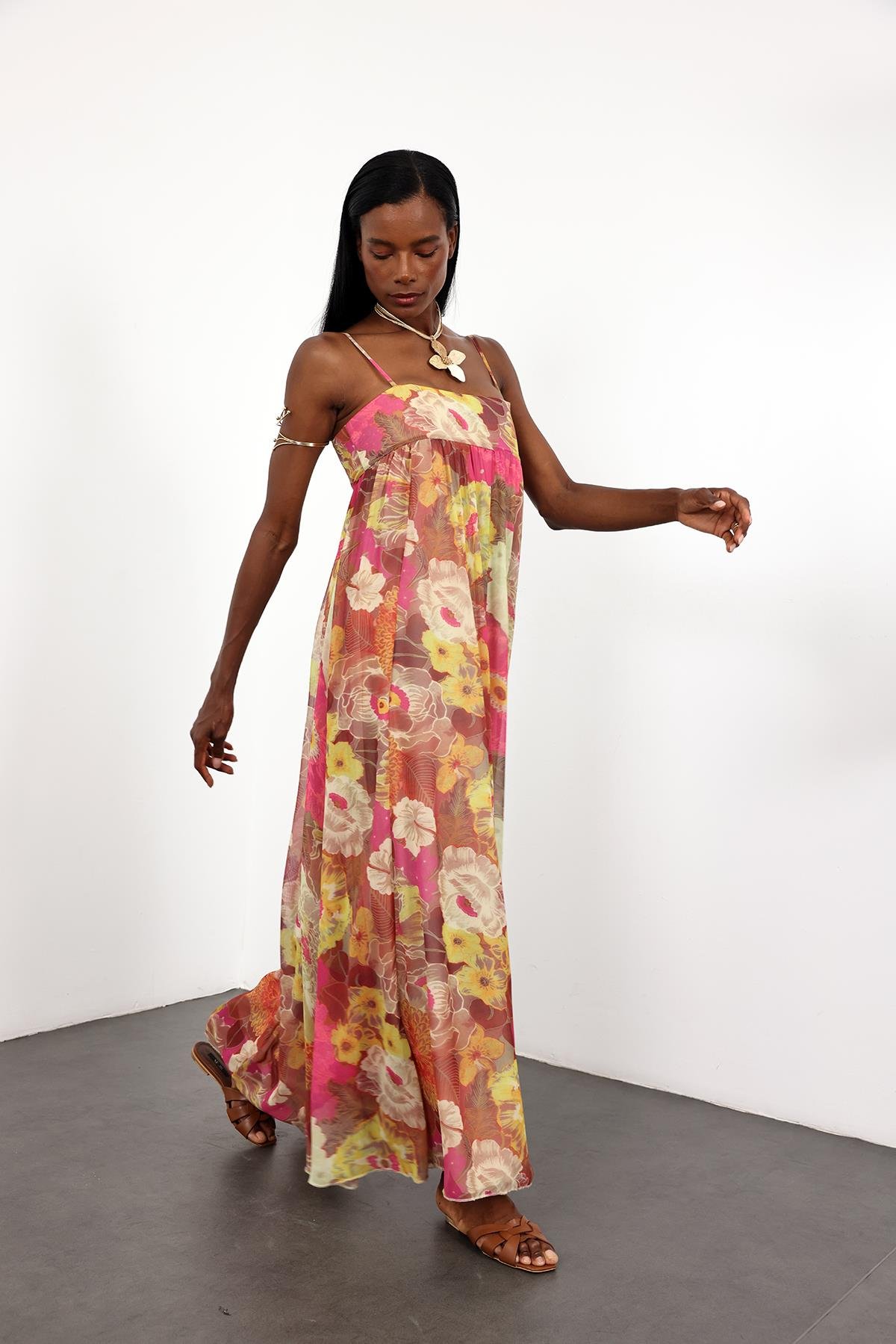 Pembe Çiçek Desenli Şifon Elbise 36509