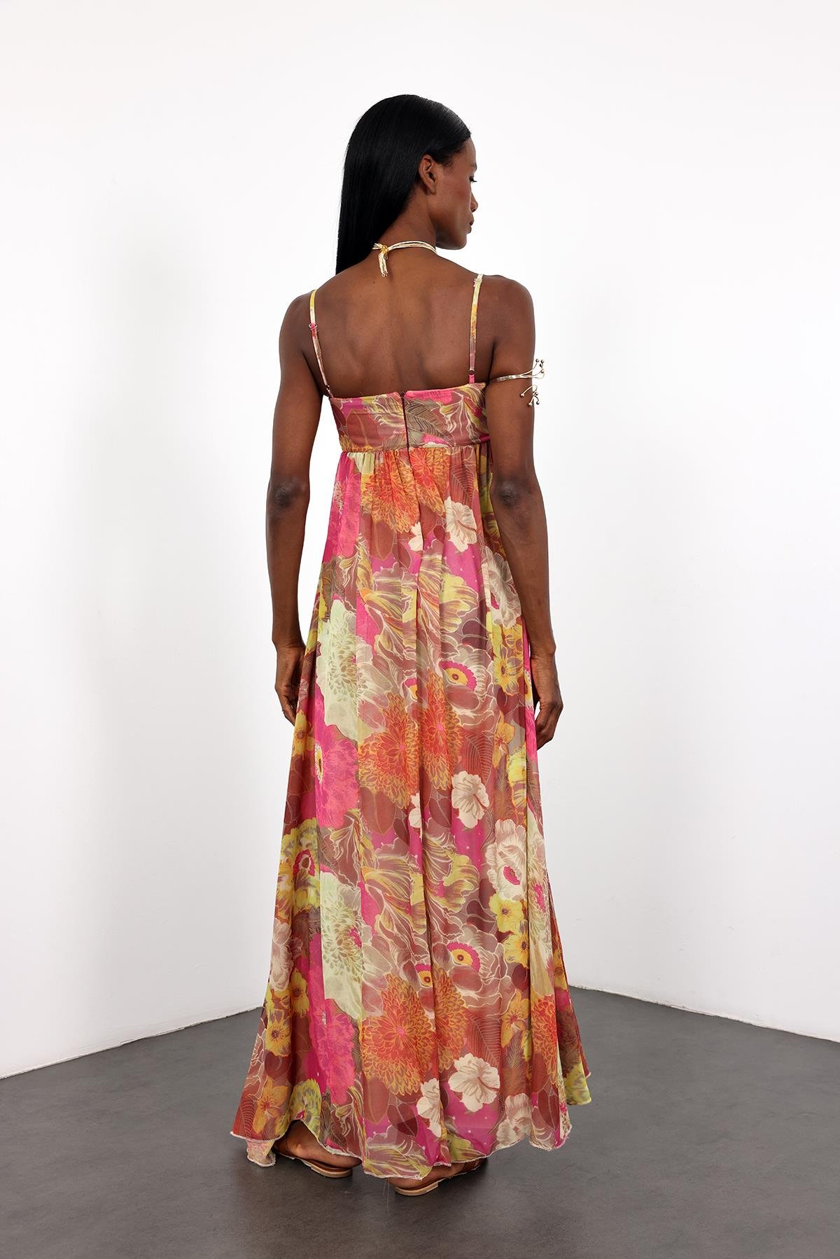 Pembe Çiçek Desenli Şifon Elbise 36509