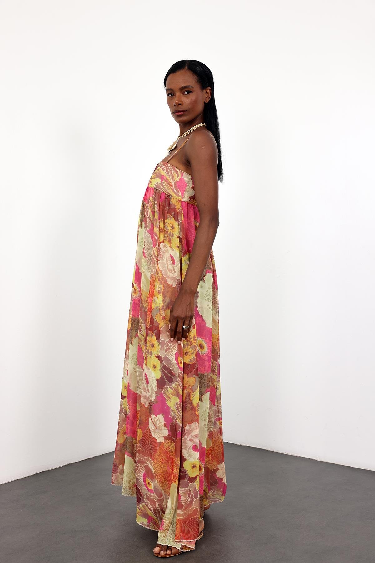 Pembe Çiçek Desenli Şifon Elbise 36509