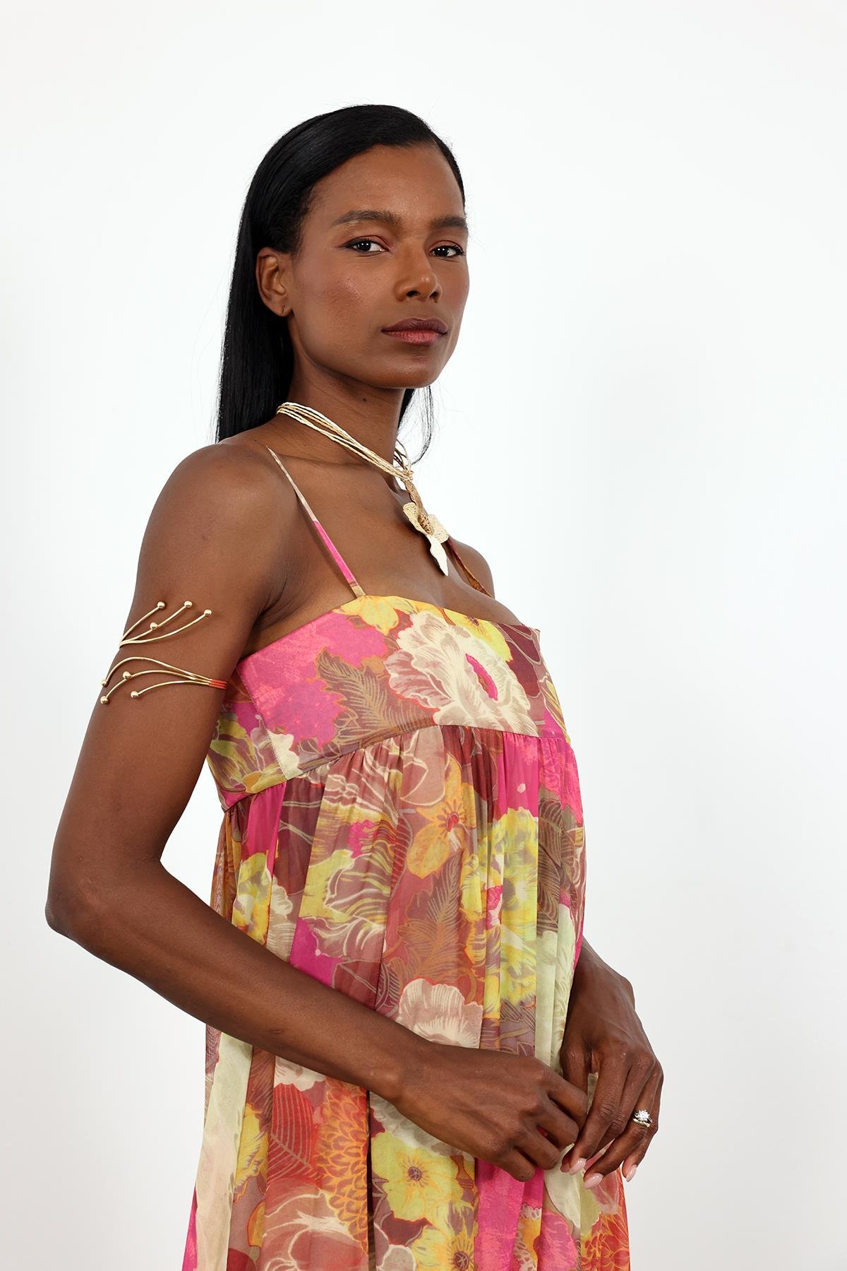 Pembe Çiçek Desenli Şifon Elbise 36509