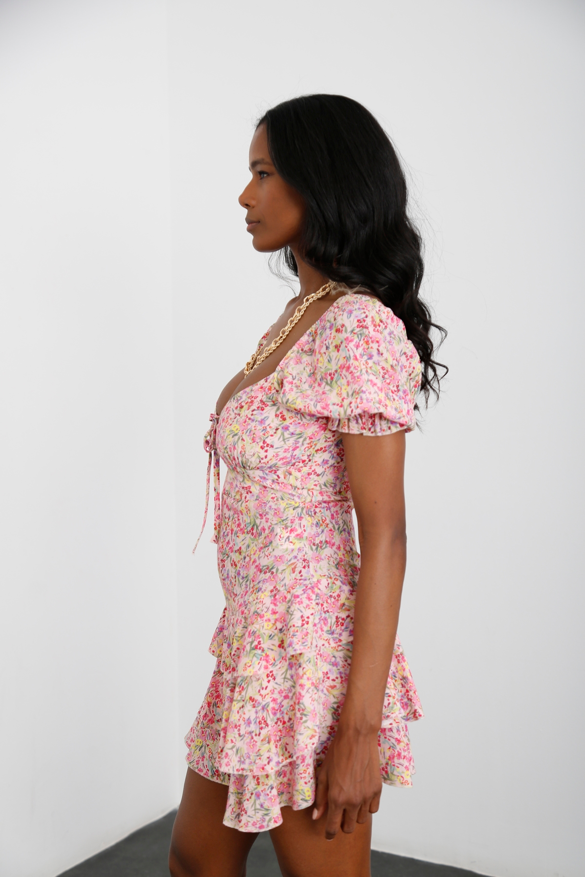 Pembe Çiçekli Mini Elbise 12022