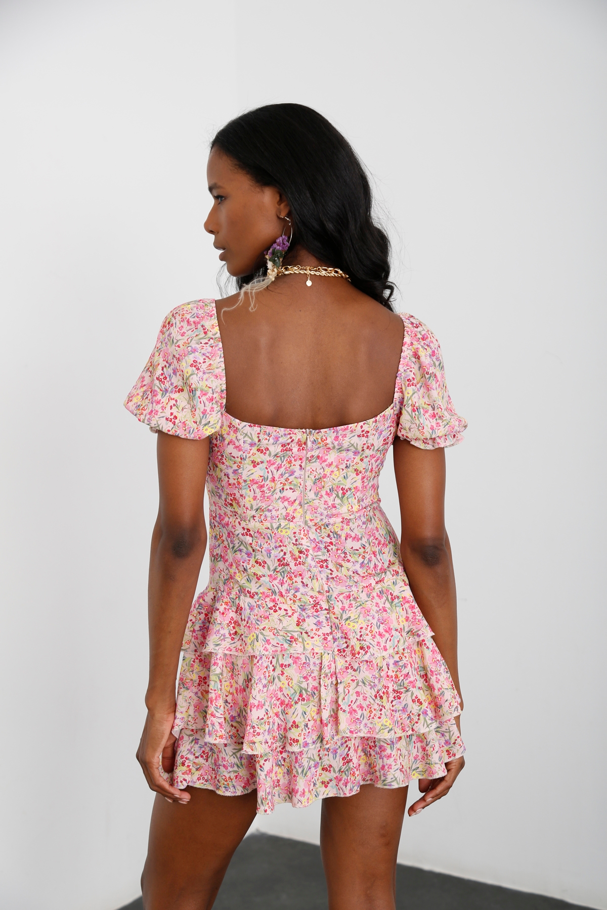 Pembe Çiçekli Mini Elbise 12022