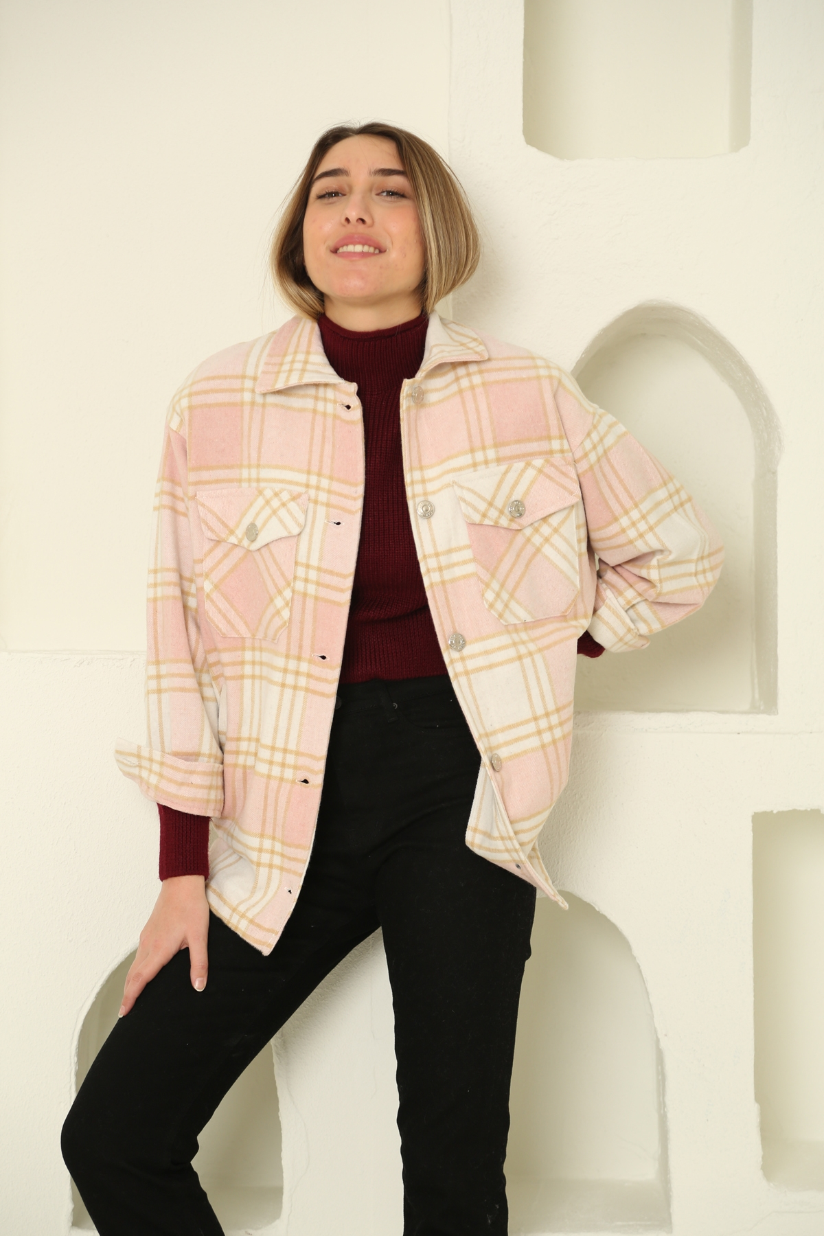 Pembe Çift Cep Ekose Gömlek Ceket 6055