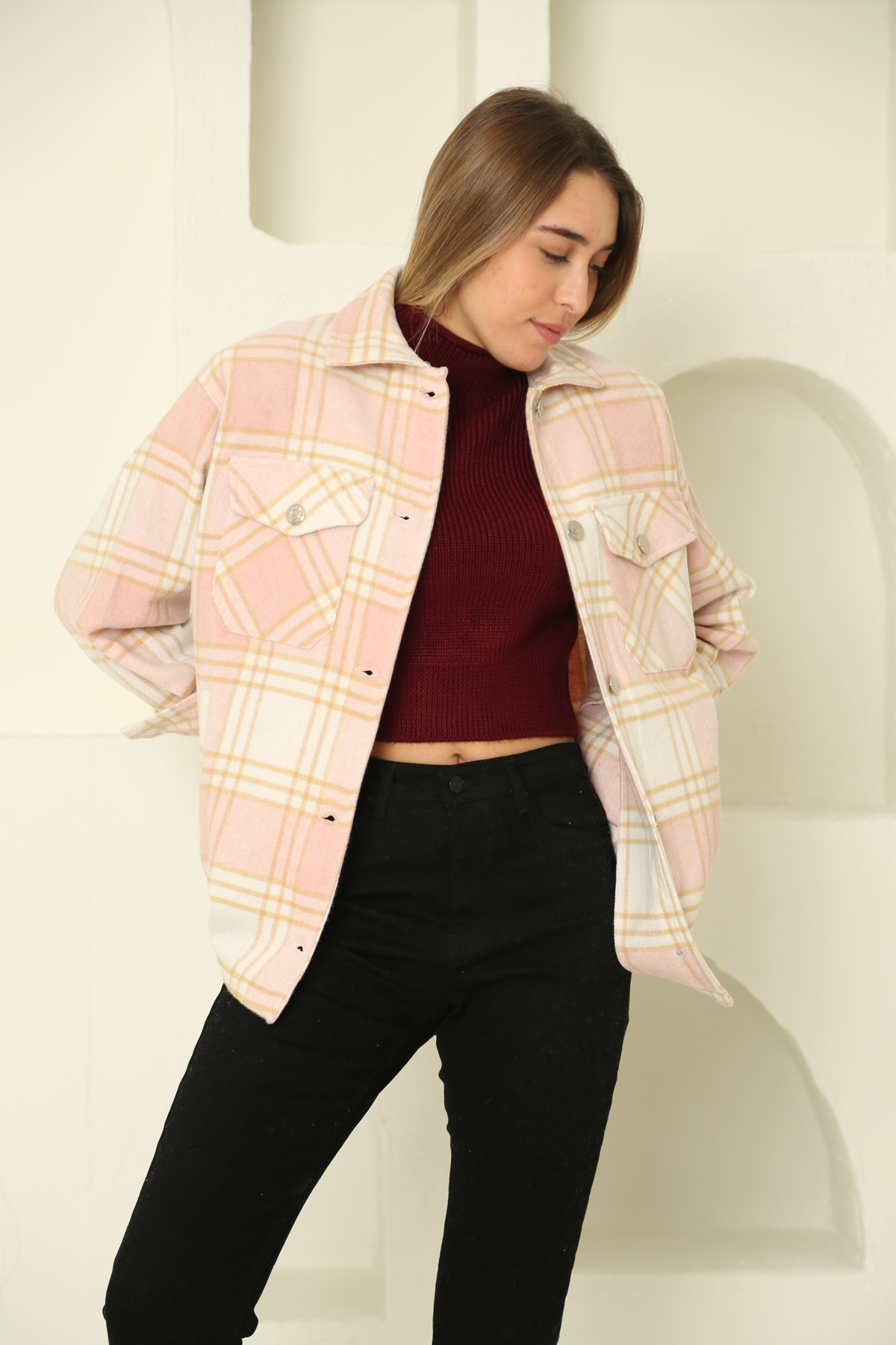 Pembe Çift Cep Ekose Gömlek Ceket 6055