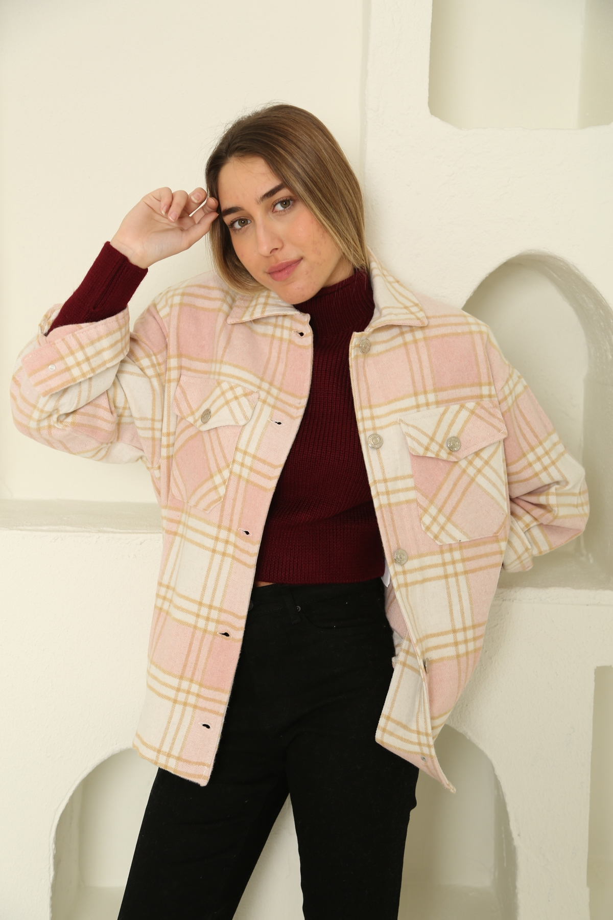 Pembe Çift Cep Ekose Gömlek Ceket 6055