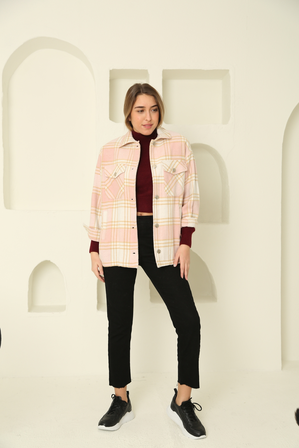 Pembe Çift Cep Ekose Gömlek Ceket 6055
