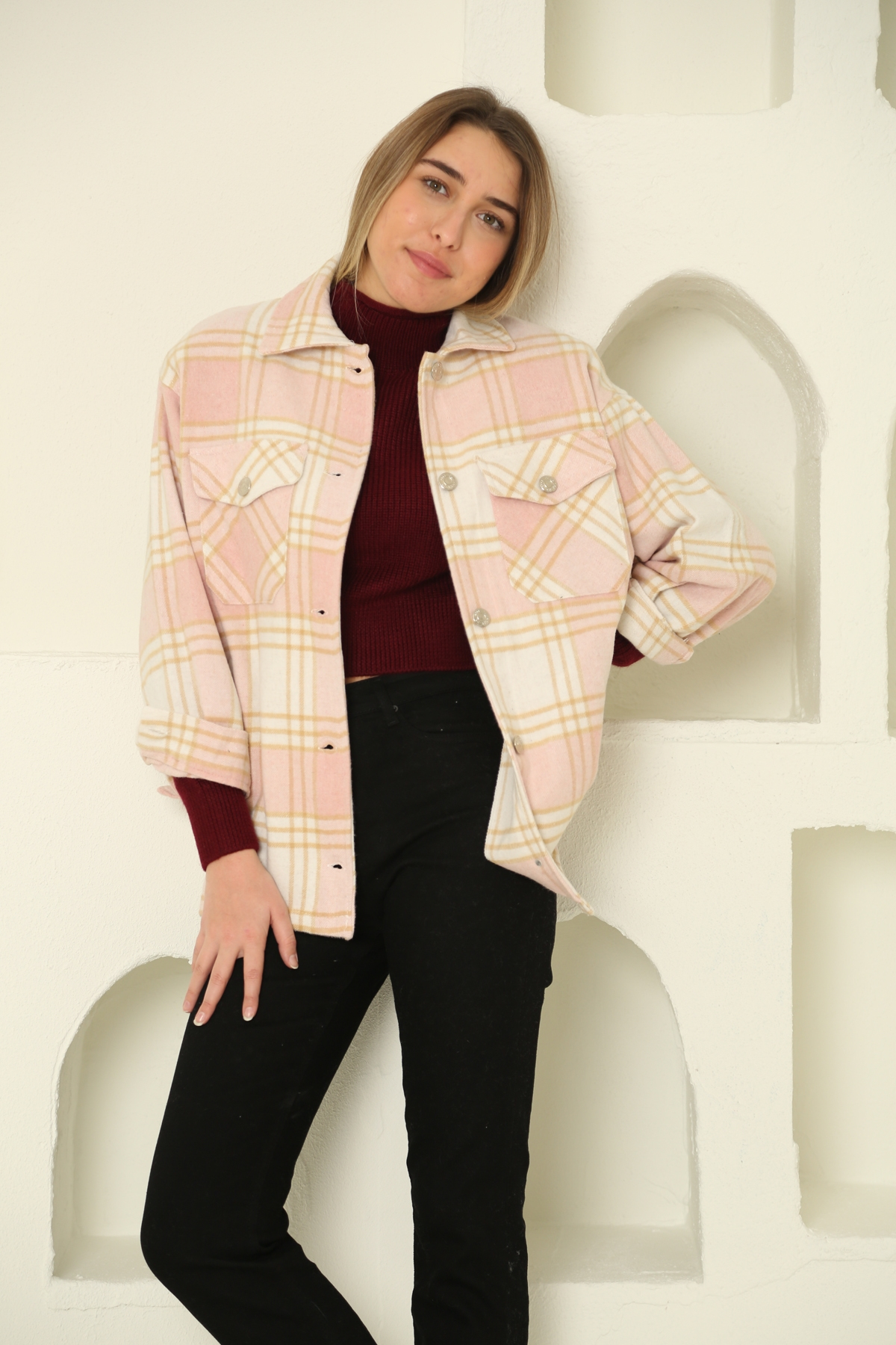 Pembe Çift Cep Ekose Gömlek Ceket 6055