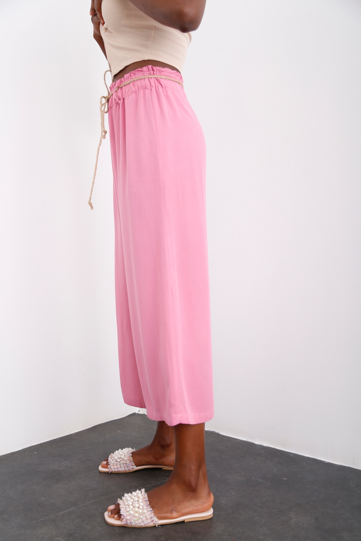 Pembe Geniş Paça Keten Pantolon 50146
